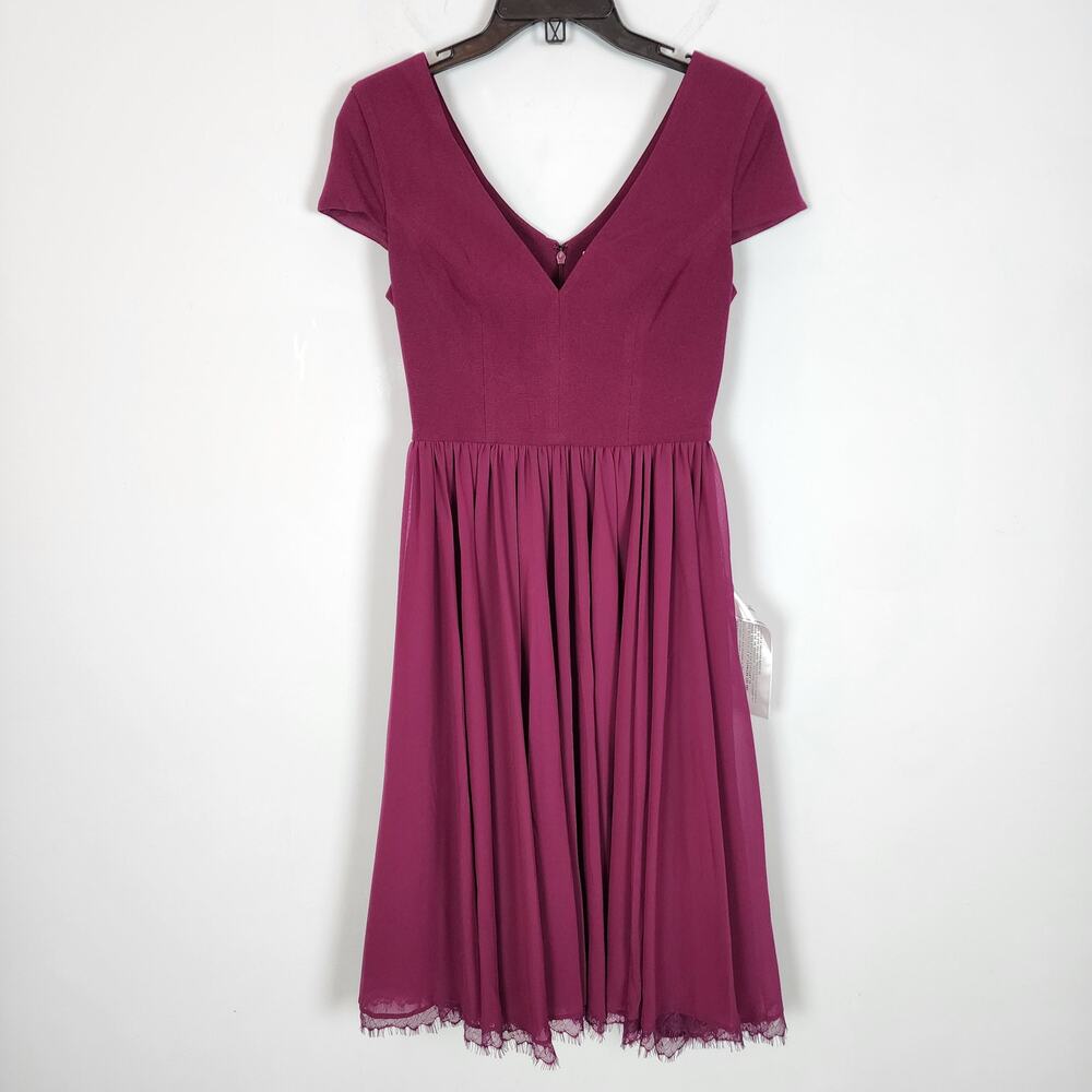 Dress The Population Fit & Flare Cocktail Dress Size XS Magenta Pleated Chiffon